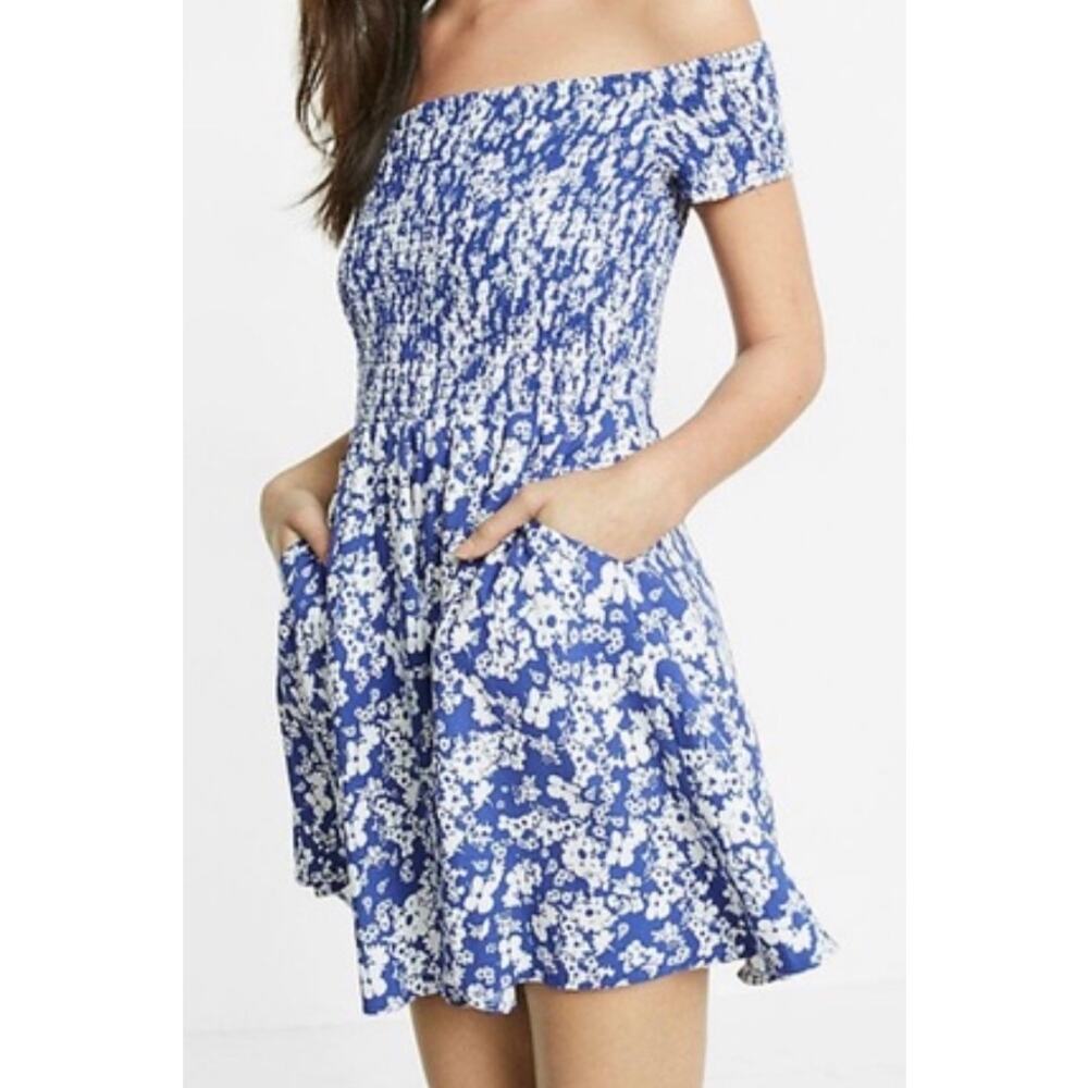 blue and white floral Express smocked dress with an off-the-shoulder neckline